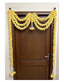 Sphinx Artificial Marigold Fluffy Flowers and Tuberose (rajnigandha) Triple Lines Door toran Set/Door hangings (Approx. 100 x 158 cms (Cream)