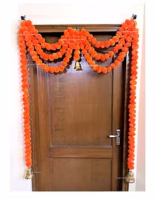 Sphinx Artificial Marigold Fluffy Flowers Triple line Door toran Set/Door hangings (Approx 100 x 152 cms) - (Dark Orange)