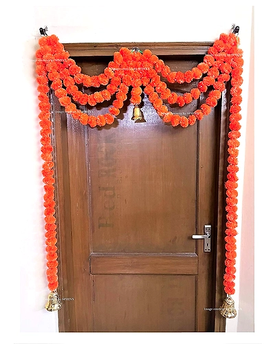 Sphinx Artificial Marigold Fluffy Flowers Triple line Door toran Set/Door hangings (Approx 100 x 152 cms) - (Dark Orange)-6908358