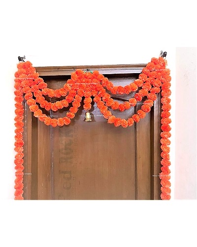 Sphinx Artificial Marigold Fluffy Flowers Triple line Door toran Set/Door hangings (Approx 100 x 152 cms) - (Dark Orange)-1