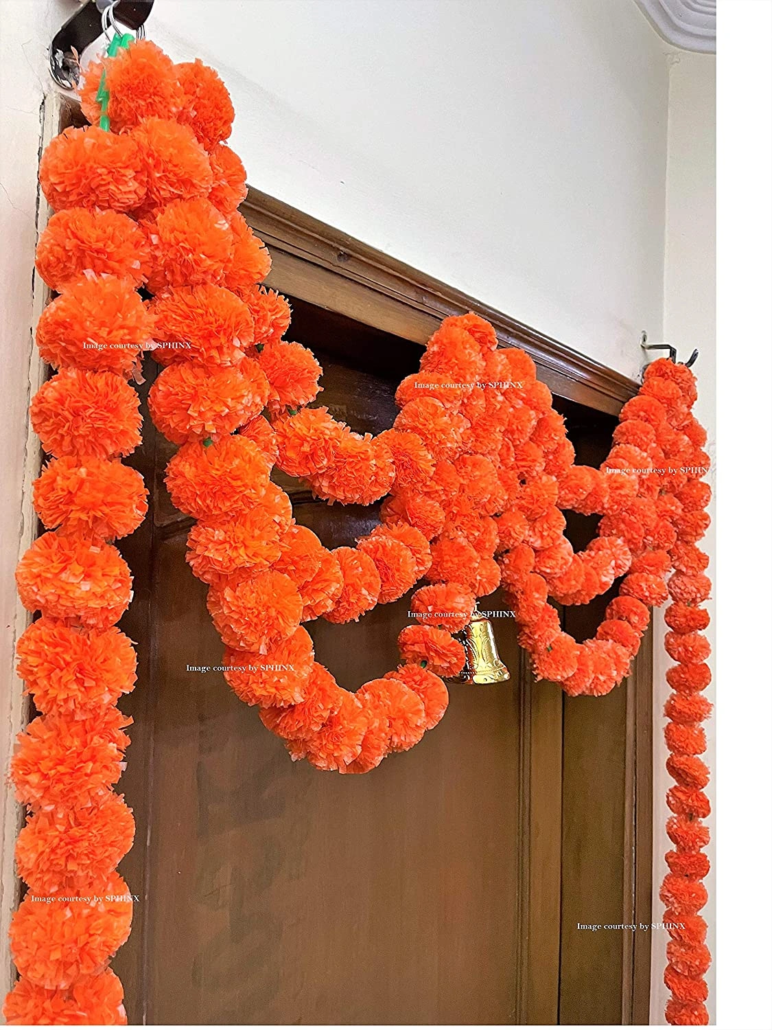 Sphinx Artificial Marigold Fluffy Flowers Triple line Door toran Set/Door hangings (Approx 100 x 152 cms) - (Dark Orange)-2