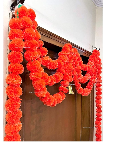 Sphinx Artificial Marigold Fluffy Flowers Triple line Door toran Set/Door hangings (Approx 100 x 152 cms) - (Dark Orange)-2