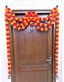 Sphinx Artificial Marigold Fluffy Flowers Triple line Door toran Set/Door hangings (Approx 100 x 152 cms) - (Light Orange and Red)