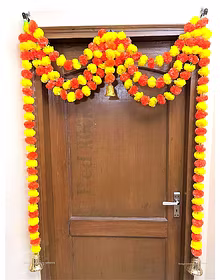 Sphinx Artificial Marigold Fluffy Flowers Triple line Door toran Set/Door hangings (Approx 100 x 152 cms) - (Yellow and Dark Orange)