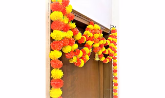 Sphinx Artificial Marigold Fluffy Flowers Triple line Door toran Set/Door hangings (Approx 100 x 152 cms) - (Yellow and Dark Orange)