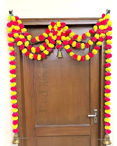 Sphinx Artificial Marigold Fluffy Flowers Triple line Door toran Set/Door hangings (Approx 100 x 152 cms) - (Yellow and Red)-6908364