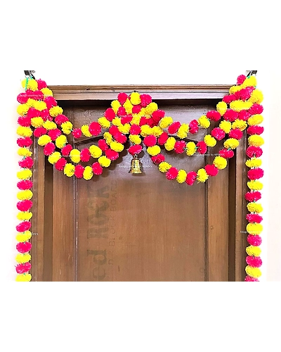 Sphinx Artificial Marigold Fluffy Flowers Triple line Door toran Set/Door hangings (Approx 100 x 152 cms) - (Yellow and Red)-1
