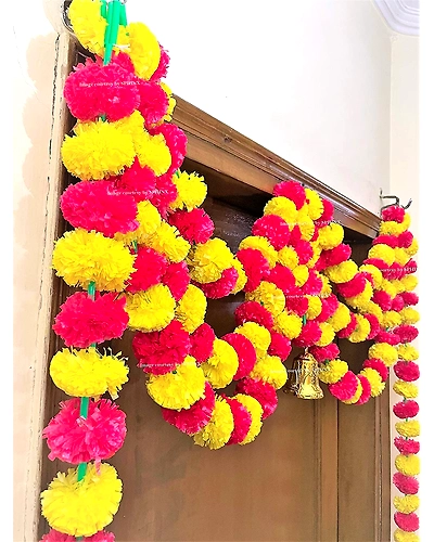Sphinx Artificial Marigold Fluffy Flowers Triple line Door toran Set/Door hangings (Approx 100 x 152 cms) - (Yellow and Red)-2