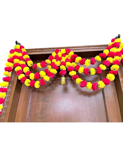 Sphinx Artificial Marigold Fluffy Flowers Triple line Door toran Set/Door hangings (Approx 100 x 152 cms) - (Yellow and Red)-3