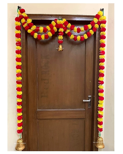Sphinx Artificial Marigold Fluffy Flowers and Tuberose (rajnigandha) Door toran Set/Door hangings (Approx. 100 x 158 cms) - (Yellow and Light Orange)-6908392