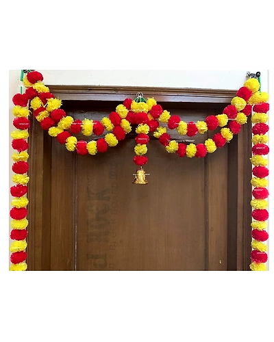 Sphinx Artificial Marigold Fluffy Flowers and Tuberose (rajnigandha) Door toran Set/Door hangings (Approx. 100 x 158 cms) - (Yellow and Light Orange)-1