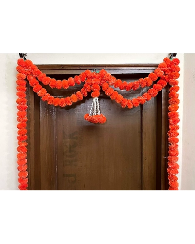 Sphinx Artificial Marigold Fluffy Flowers and Tuberose (rajnigandha) Door toran Set/Door hangings (Approx. 100 x 158 cms) - (Dark Orange)-1