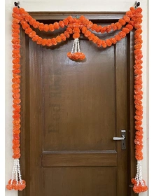 Sphinx Artificial Marigold Fluffy Flowers and Tuberose (rajnigandha) Door toran Set/Door hangings (Approx. 100 x 158 cms) - (Dark Orange)