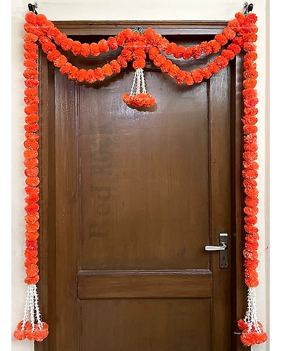 Sphinx Artificial Marigold Fluffy Flowers and Tuberose (rajnigandha) Door toran Set/Door hangings (Approx. 100 x 158 cms) - (Dark Orange)-6908422