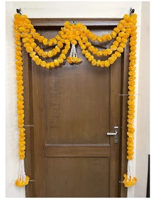 Sphinx Artificial Marigold Fluffy Flowers and Tuberose (rajnigandha) Door toran Set/Door hangings (Approx. 100 x 158 cms) - (Light Orange)