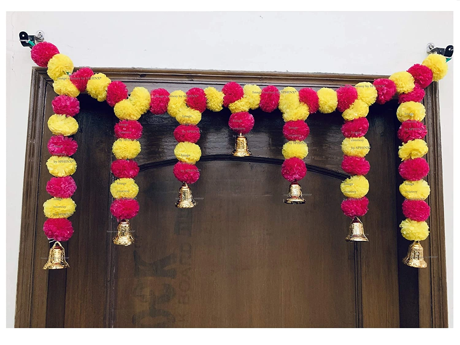 Sphinx Artificial Marigold Fluffy Flower Garlands Door Toran Set/Door Hangings for Decoration (Approx. 100 X 41 cms)- (Yellow &amp; Dark Pink)-6908594