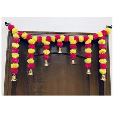 Sphinx Artificial Marigold Fluffy Flower Garlands Door Toran Set/Door Hangings for Decoration (Approx. 100 X 41 cms)- (Yellow & Dark Pink)