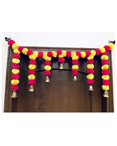 Sphinx Artificial Marigold Fluffy Flower Garlands Door Toran Set/Door Hangings for Decoration (Approx. 100 X 41 cms)- (Yellow &amp; Dark Pink)-6908594