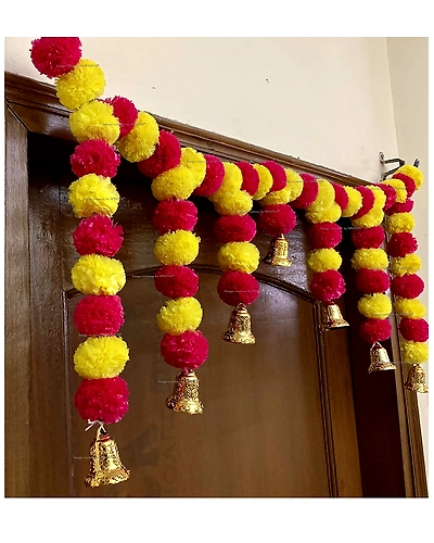 Sphinx Artificial Marigold Fluffy Flower Garlands Door Toran Set/Door Hangings for Decoration (Approx. 100 X 41 cms)- (Yellow &amp; Dark Pink)-1