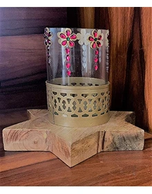 Sphinx Handcrafted Wooden Metallic Star Shaped Base with Embellished Glass Pot Candle Holder for Decoration