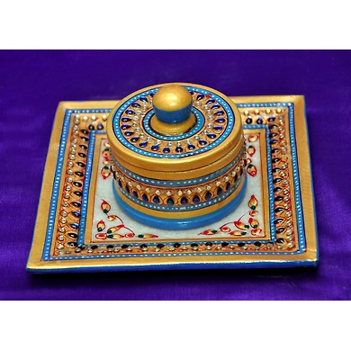 &quot;Mayuribhu&quot; Marble Hand Painted Kundan Platter-Mayuribhu_Kundan_Platter