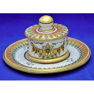 &quot;Mandana&quot; Marble Hand Painted Kundan Platter-Mandana_Kundan_Platter