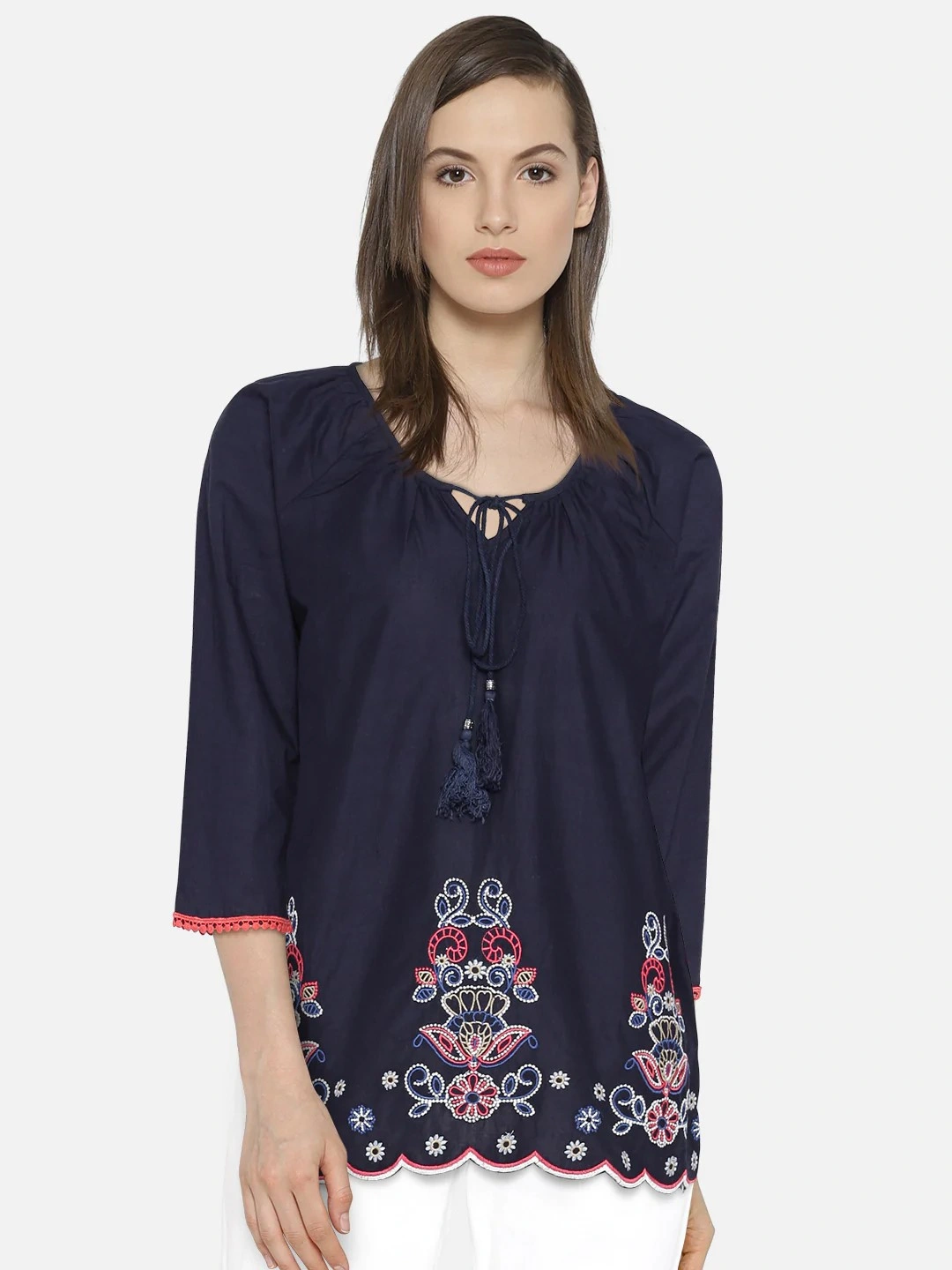 Bhama Couture Women Navy Blue Embroidered Top-NANC036_L