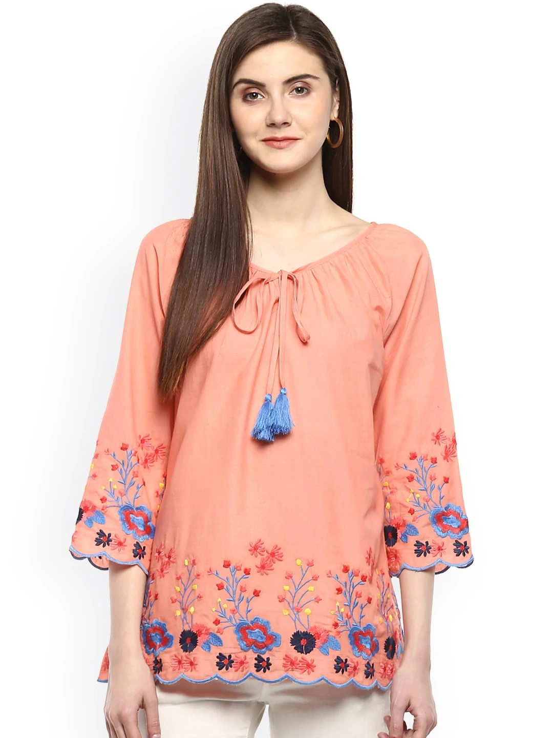 Bhama Couture Women Peach-Coloured Printed A-Line Top-NANC043_L