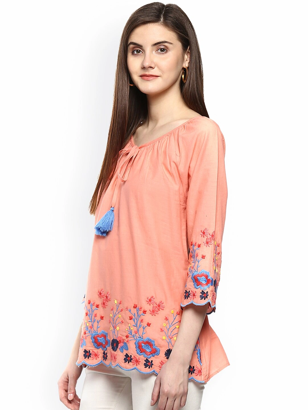 Bhama Couture Women Peach-Coloured Printed A-Line Top-L-1