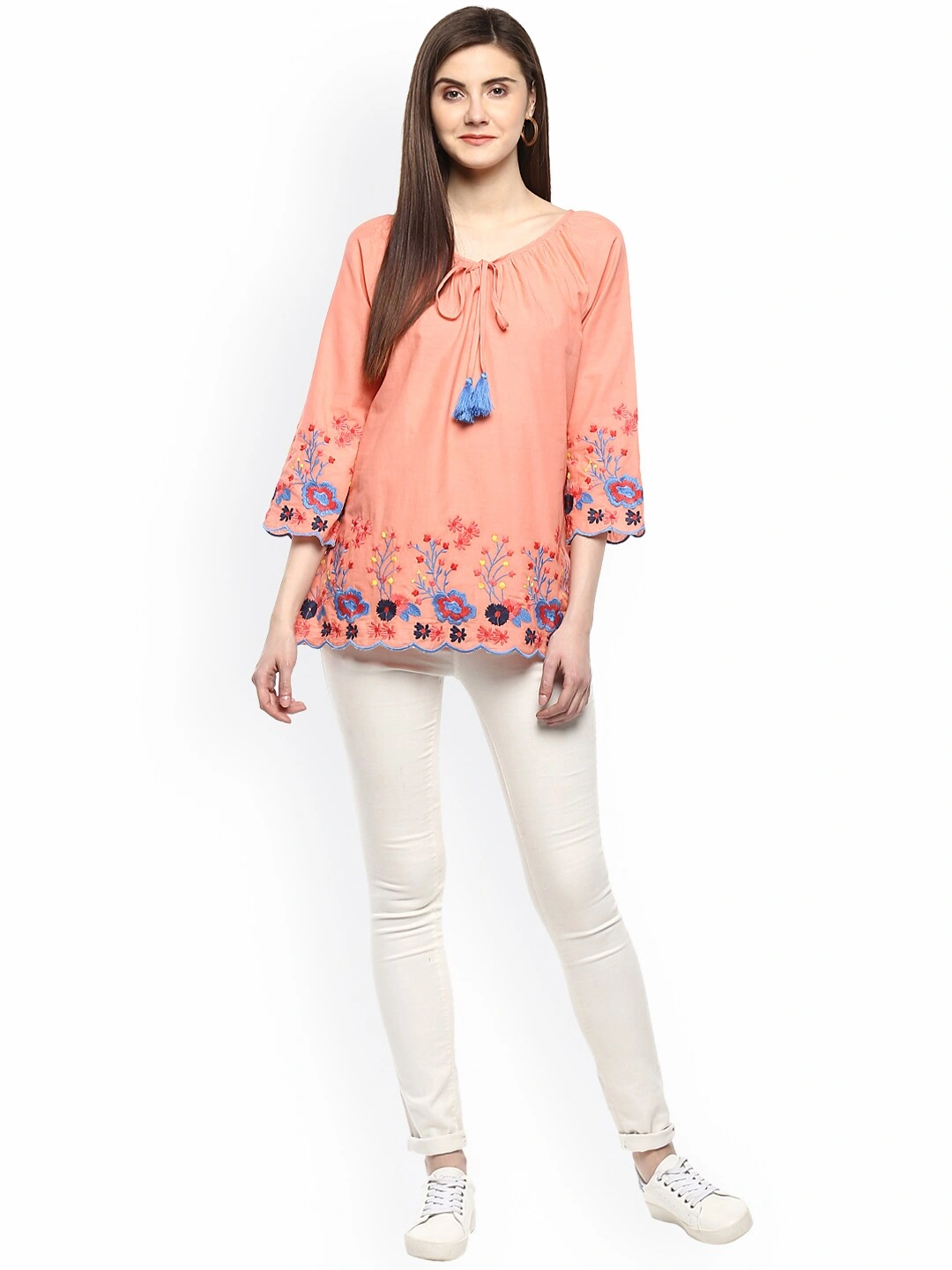 Bhama Couture Women Peach-Coloured Printed A-Line Top-L-4