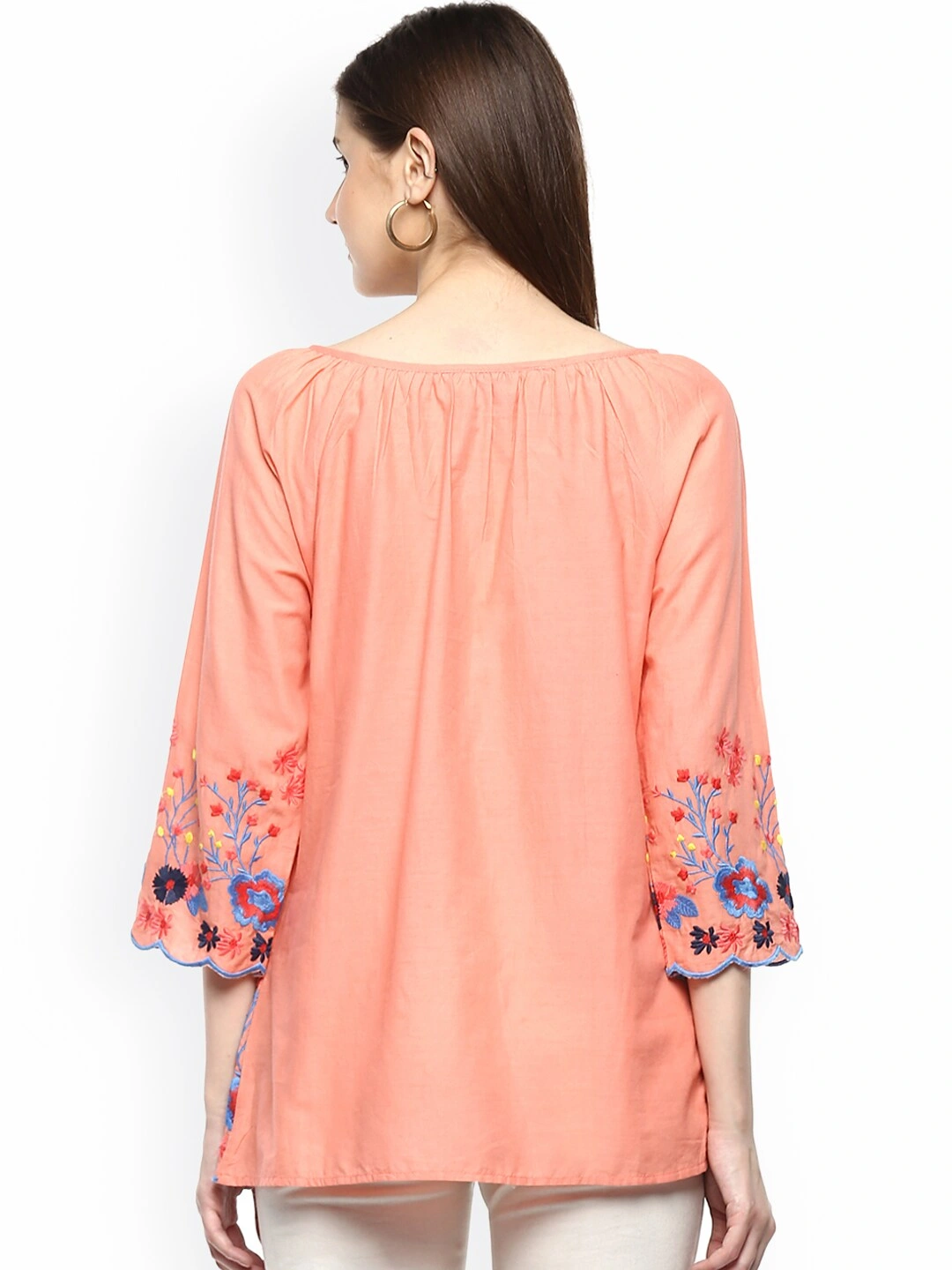 Bhama Couture Women Peach-Coloured Printed A-Line Top-XL-2