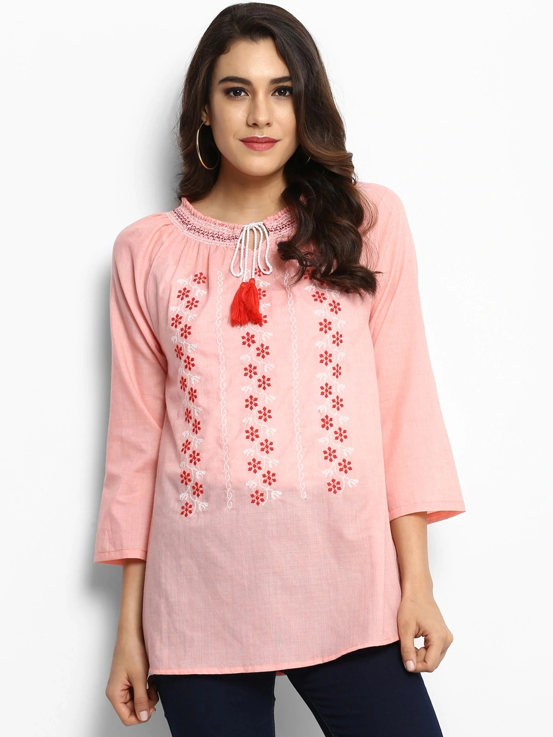 Bhama Couture Women Peach-Coloured Embroidered A-Line Top-NANC044_L