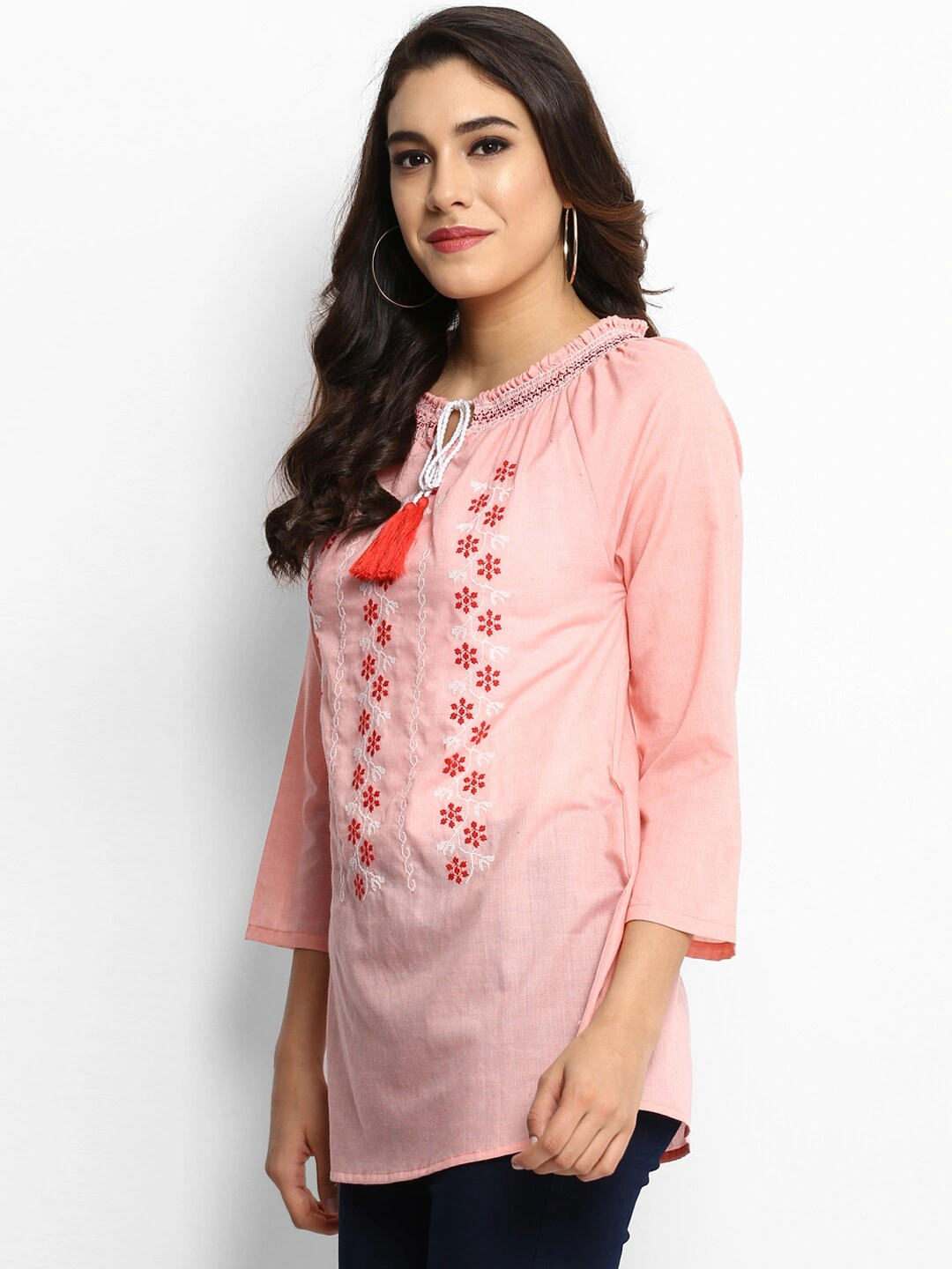 Bhama Couture Women Peach-Coloured Embroidered A-Line Top-L-1