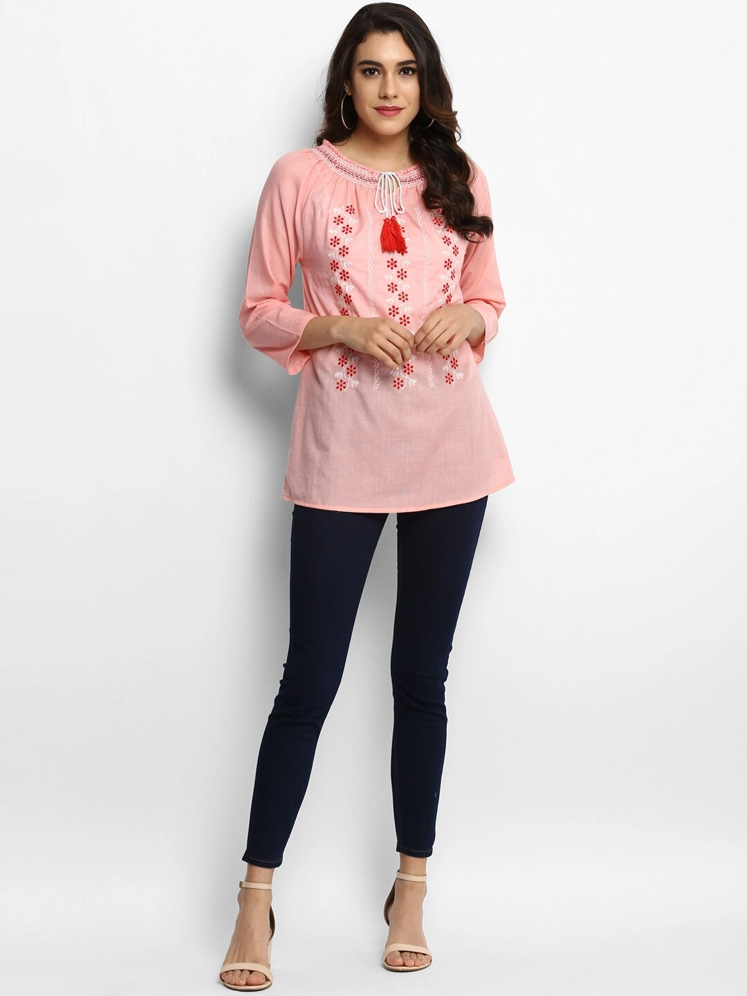 Bhama Couture Women Peach-Coloured Embroidered A-Line Top-L-4