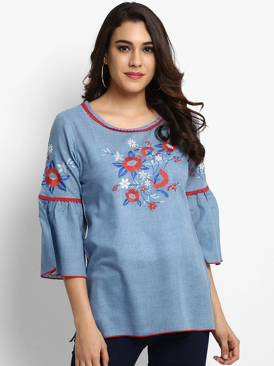 Bhama Couture Women Blue A-Line Top with Embroidery-NANC046_L