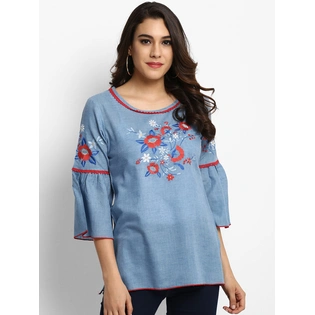 Bhama Couture Women Blue A-Line Top with Embroidery