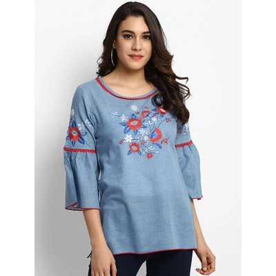 Bhama Couture Women Blue A-Line Top with Embroidery