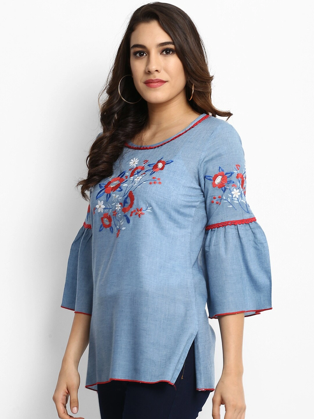 Bhama Couture Women Blue A-Line Top with Embroidery-L-1