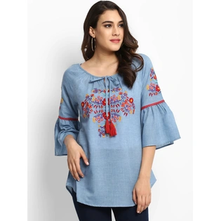 Bhama Couture Women Blue Embroidered A-Line Top