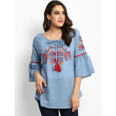 Bhama Couture Women Blue Embroidered A-Line Top