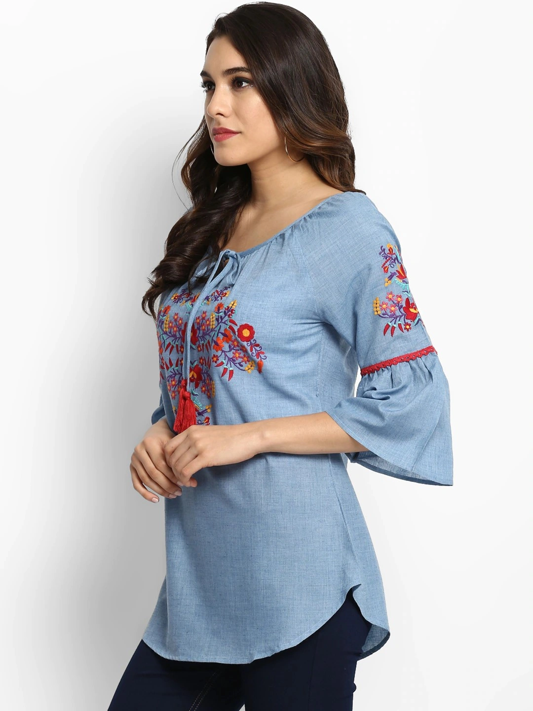 Bhama Couture Women Blue Embroidered A-Line Top-L-1