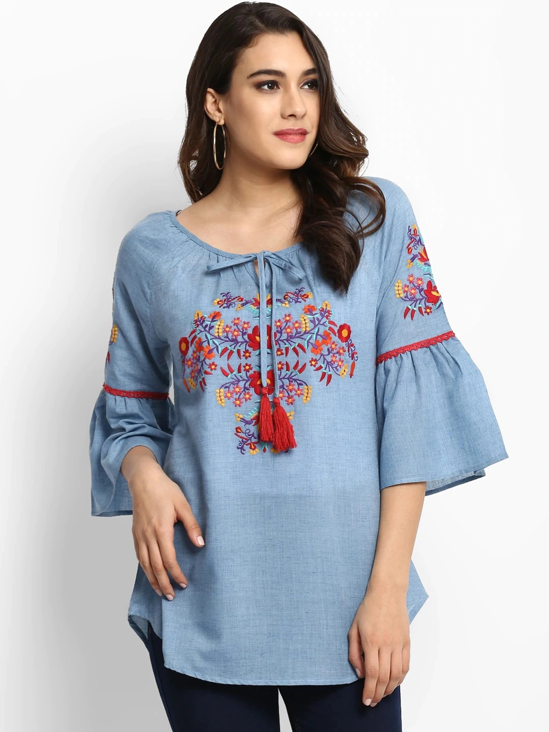 Bhama Couture Women Blue Embroidered A-Line Top-NANC047_M