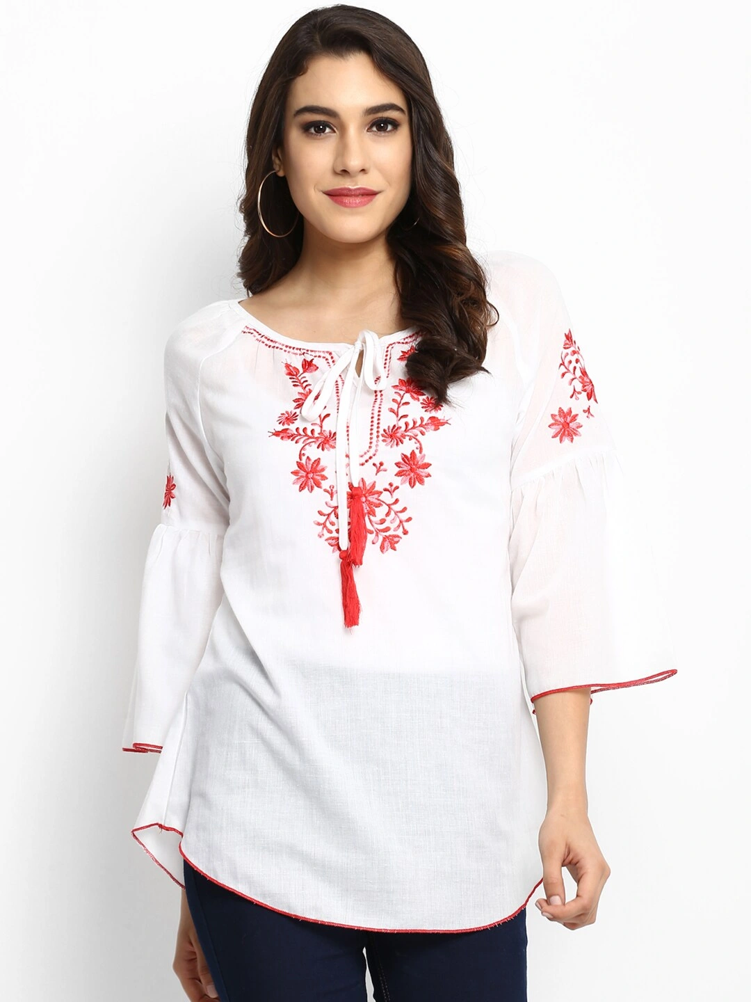 Bhama Couture Women Off-White A-Line Top with Embroidery-NANC051_L