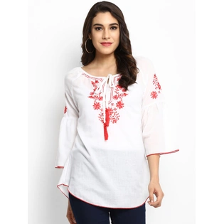 Bhama Couture Women Off-White A-Line Top with Embroidery