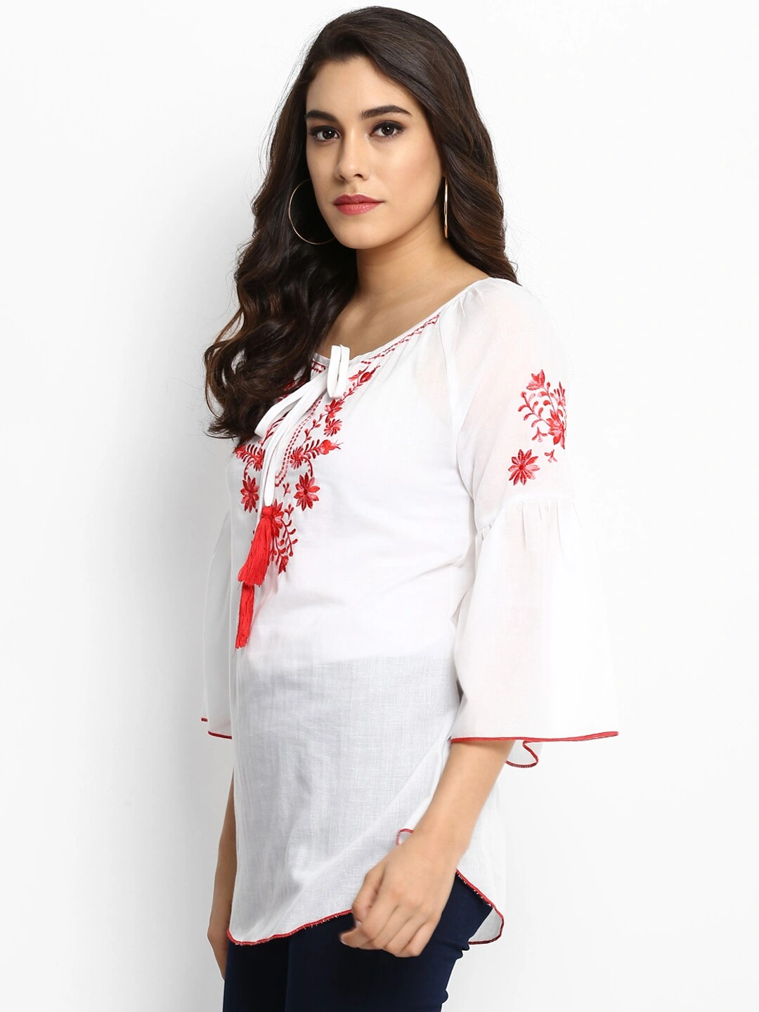 Bhama Couture Women Off-White A-Line Top with Embroidery-L-1