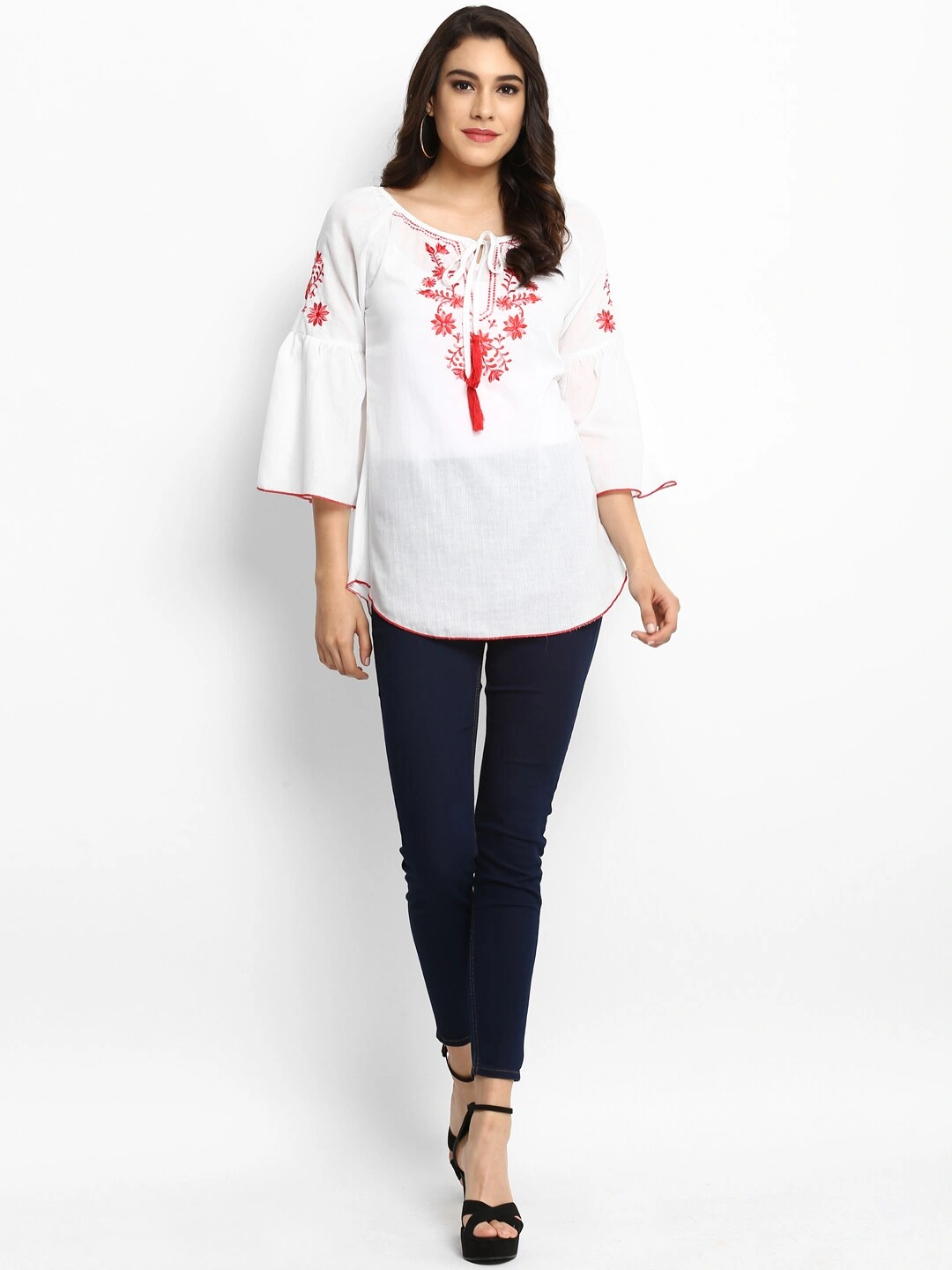 Bhama Couture Women Off-White A-Line Top with Embroidery-L-4