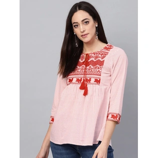 Bhama Couture Women White and Red Striped Empire Top