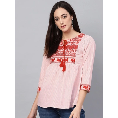 Bhama Couture Women White and Red Striped Empire Top