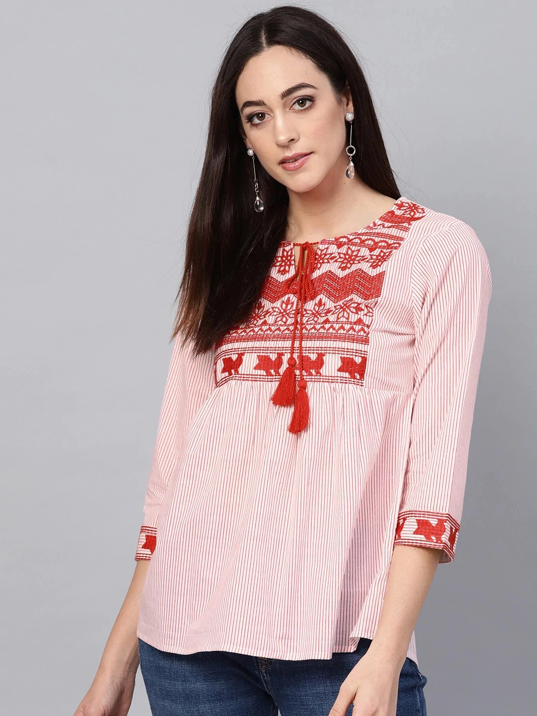 Bhama Couture Women White and Red Striped Empire Top-NANC058_M