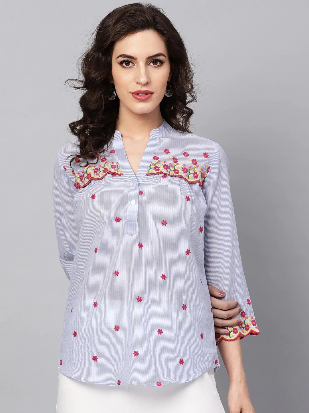 Bhama Couture Women Blue &amp; White Striped Shirt Style Top-NANC059_L